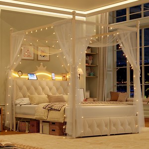 Hiphuta Queen Size Crown Canopy Bed with Power Outlet & LED, Upholstered Princess Beds with 4 Removable Posts, Queen Velvet Bed for Adults, Curtain Not Included, White