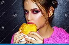 food girls young girl eats woman enjoying burger burgers delicious cafe studio teen beautiful gray