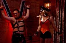 cuoco kaley bang cleavage scandalplanet scene corset chained topless