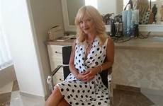 milf elegant blonde dress dot polka white hairdresser