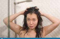 korean shower bathroom asian woman young beautiful taking washing enjoying morning hygiene skincare happy hair her stock japanese