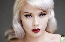 pale blonde hair skin makeup green platinum eyes dress mosh red lips girls blue blond beautiful retro girl very vintage