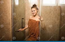 shower girl sexy bathroom young woman towel wrapped takes brown tile attractive stock background body