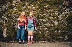 shorts preteen girls girl wearing stock portrait two pullovers stripe posing denim socks neck roll outdoor long little