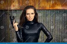 spia catsuit heroine assassin cuoio vestito tenuta agente pistola nera spy
