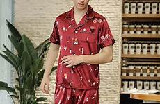 men pajamas pyjamas summer sexy pajama silk set short satin sleepwear suit shorts male sleeve sets two