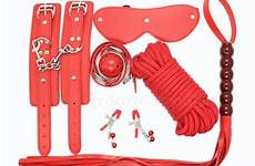 adult handcuffs mouth sex whip clamps pu 6pcs gag nipple role mask leather game set red