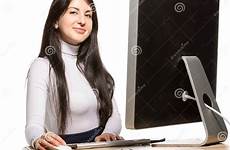 computer front sitting woman pretty business isolated stock royalty pushing preview device