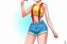 misty pokemon mleth girl anime pokémon shorts newgrounds girls short hair artstation leth green full suspenders sneakers meme denim know