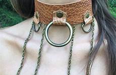 collar slave leather bdsm women female bondage brown etsy chain ring