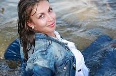 wet jeans girl clothed fully tight sea get denim jacket wetfoto clothes heels water high sexy