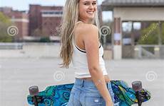 coed model young gorgeous skateboard enjoying warm weather her blonde stock preview education