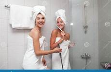 two bathroom girls shower towels towel beautiful women young clean