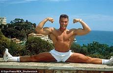 damme claude van jean splits physique do doing karate he split gym shirtless shape martial towel arts men brussels 1990