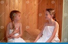 sauna girls other sitting each towels two looking finnish wrapped dreamstime sister