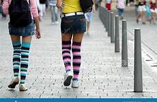 socks knee girls striped wearing royalty stock miniskirts two