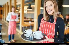 waitress cafe tray restaurant woman serving young carries cups alamy coffee