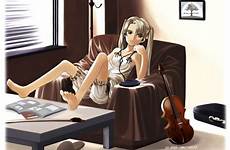 girl triela gunslinger feet anime chair zerochan yu aida violin sitting table