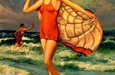 bathing vintage beach retro seaside beauty postcards century choose board 1920 posters deco illustration