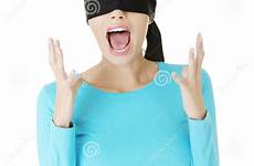 blindfold woman frighten screaming young beautiful stock