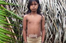 girl young matses tribe traditional maloca front amazonian girls naked peru alamy house stock woman indian