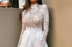 sexy lace white through women long sleeve bodysuits bodysuit rompers transparent body tops jumpsuit neck elegant instahot mock flower party