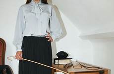 strict governess skirt mistress blouses bow pleated cane attire