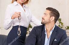 secretary sexy blonde boss offering handcuffs stock office depositphotos