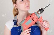 woman drilling holding hands machine young her construction site preview