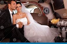 limo bride groom smiling limousine sitting stock