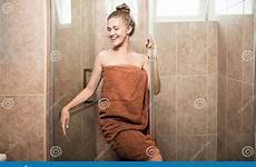 shower girl sexy young woman bathroom tile takes brown beautiful attractive wrapped background
