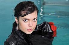 wetlook pool leather clothed fully skirt tights jacket gloves boots girl swim red