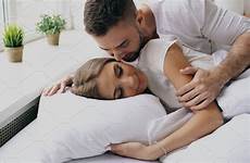 wife morning bed couple wake kiss hug his man loving beautiful