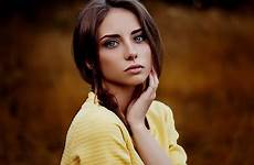 model eyes portrait blue wallpaper brunette face ann natalya women looking viewer depth outdoors field hd yellow top girl avatar