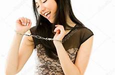 asian woman young happy dressed stock devil handcuffs isolated background depositphotos