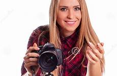 photographer female taking glamour isolated camera white professional holding preview
