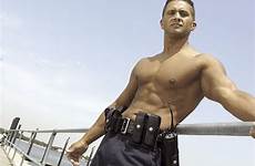 police hot shirtless policeman cops officer muscle cop sexy calendar railing leaning jocks men man strip search save patrol