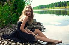 blonde wallpaper woman women kokoreva sitting model legs dress barefoot outdoors riverside green girl eyes long kseniya photography xenia river