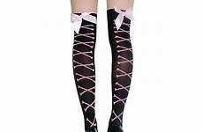 stockings skeleton bowknot thigh knee bow pair lace womens lady long over girl high