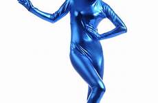 zentai shiny women metallic blue spandex lycra footed unitard skin full zipper lake catsuits costume bodysuit shipping suit suits body