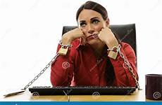 chained work businesswoman desk office her stress adult