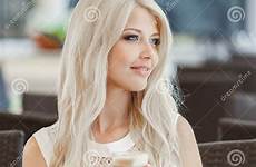 blonde hot cup beautiful coffee young women cafe phone sitting stock