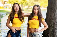 women model twins rankin sisters crop top hair brunette wallpaper christopher jean shorts smiling looking belly outdoors models gaby two