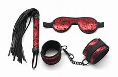 bondage kit adult handcuffs whip blindfold faux flogger contains restraints rosy leather red erotic game mouse zoom over