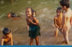 children water river bath cambodia playing mekong taking games stock editorial