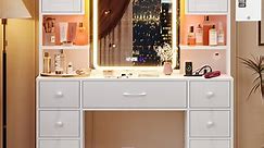 Afuhokles Large Vanity Desk with Lighted Mirror, 5 Drawers Makeup Vanity with Charging Station and Smart Mirror, White