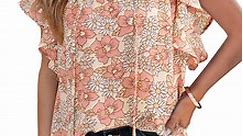 EVALESS Womens Smocked Tops Casual V Neck Short Sleeve Drawstring Chiffon Shirts Boho Floral Print Blouses Orange XL