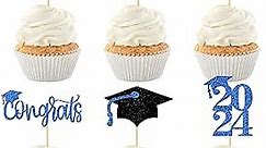 24Pcs Glitter Graduation Cupcake Toppers 2024 Blue Cupcake Picks for Graduation Theme Decorations Class of 2024 No DIY Need