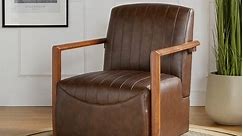 Irene Mid-century Genuine Leather Swivel Chair with Wooden Arms by HULALA HOME - Bed Bath & Beyond - 39094497