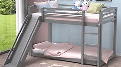 DreamBuck Bunk Bed Twin over Twin with Slide, Solid Wood Twin Bunk Bed with Ladder, Floor Bunk Bed for Kids Teens Adults, Low Bunk Bed Space-saving, Noise-Free, Gray